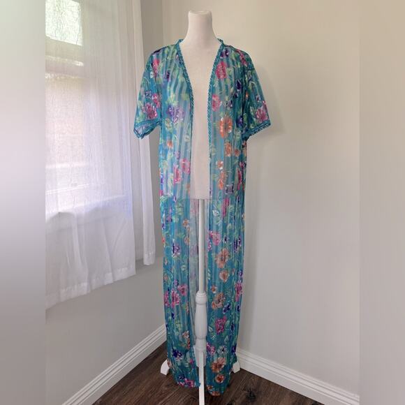 Vintage ‘80s Lady Cameo Dallas Teal Floral Print Sheer Maxi Duster Robe - Picture 1 of 10